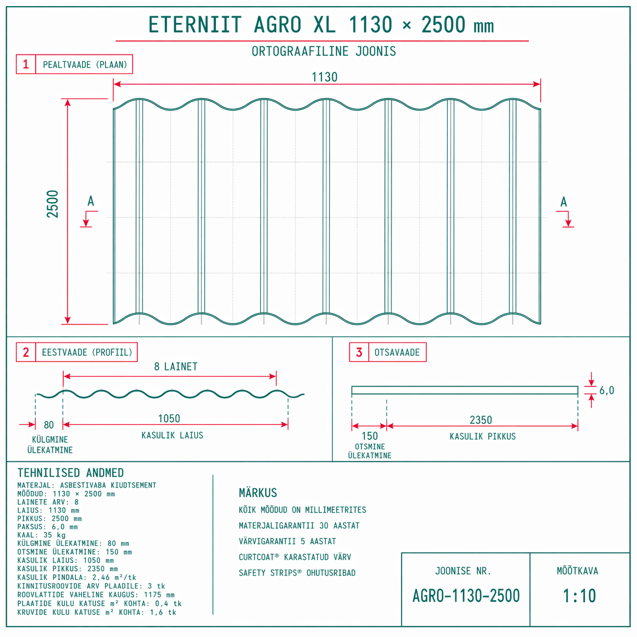 Eterniit Agro XL 1130x2500 - tehniline joonis