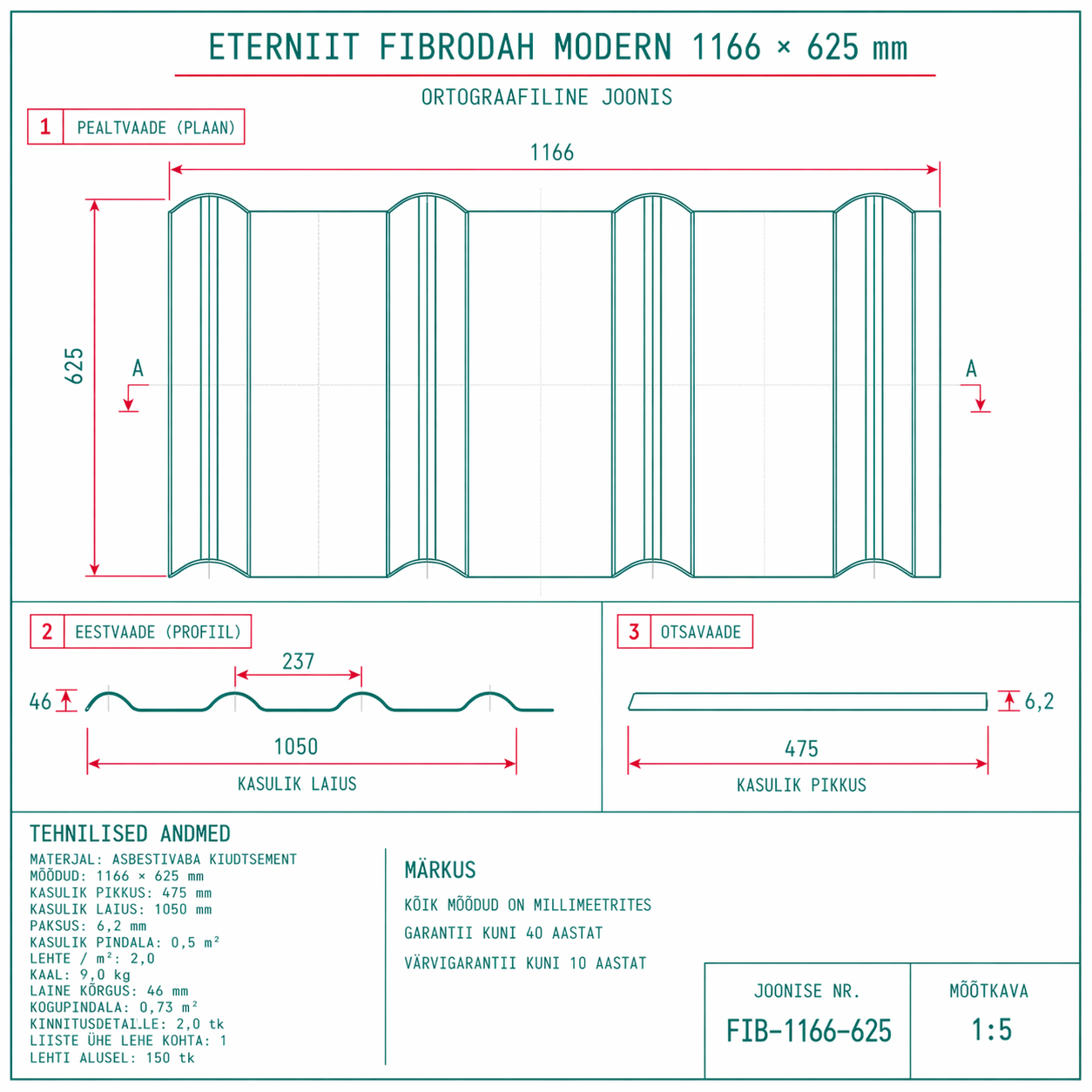 Fibrodah Modern 1166x625mm - tehniline joonis