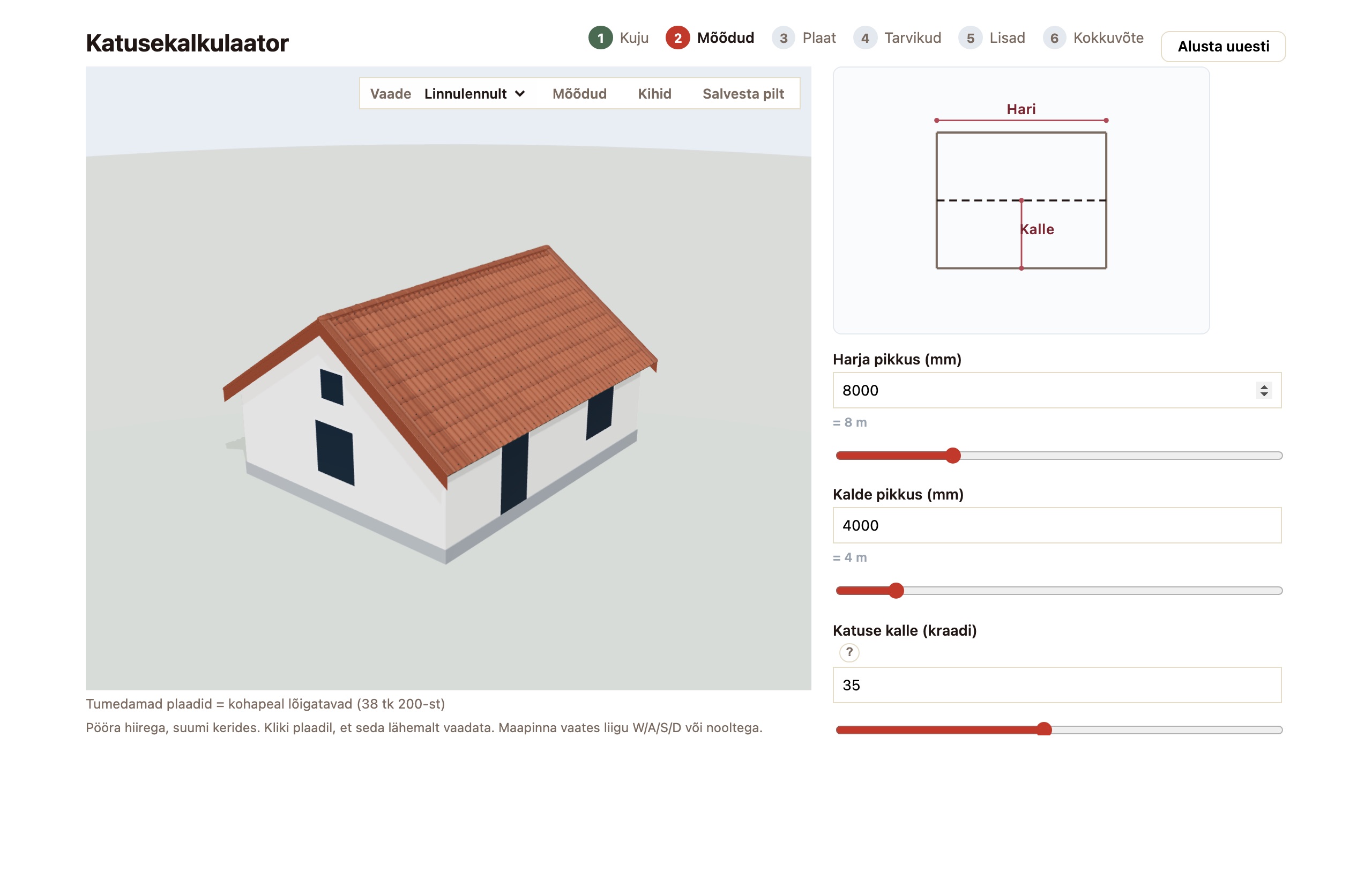 Eterniidi katusekalkulaator - 3D eelvaade ja materjalide arvutus